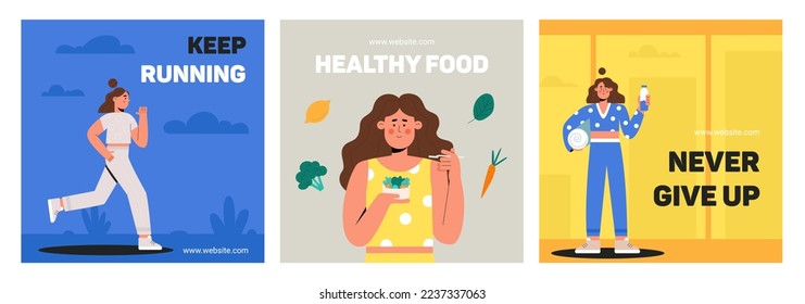 Set of healthy lifestyle social media post. Fitness, running and healthy food templates. Flat vector illustration