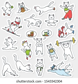 Set of healthy lifestyle stickers. Funny illustration of cute white cats doing physical activity. Vector 8 EPS.