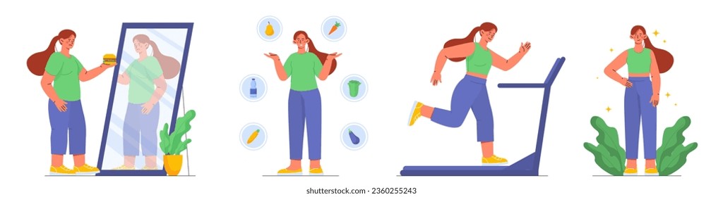 Conjunto de estilos de vida saludables. Mujer en la cinta de correr, cerca del espejo, en la alfombra de yoga y con comida saludable. Fitness y entrenamiento, entrenamiento. Colección vectorial plana de dibujos animados aislada en fondo blanco