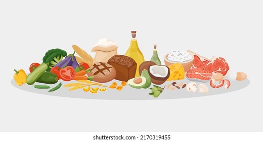 Conjunto de macronutrientes sanos. Fibra, proteínas, grasas y carbohidratos presentados por productos alimenticios. Ilustración vectorial de las categorías nutricionales. Nutrición equilibrada. Alimentos saludables