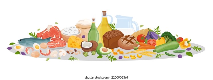 Set of healthy macronutrients. Fiber, proteins, fats and carbs presented by food products. Vector illustration of nutrition categories. Balanced nutrition. Healthy food.