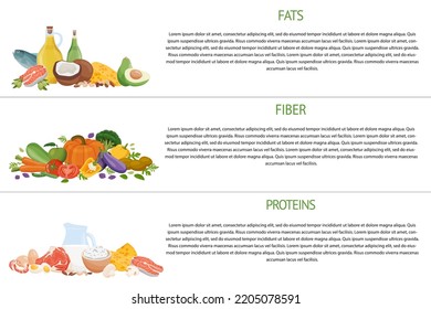 Set of healthy macronutrients. Proteins, fats and carbs presented by food products. Vector illustration of table nutrition categories. Balanced nutrition