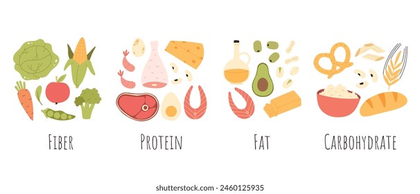 Conjunto de macronutrientes saludables. proteínas, grasas y carbohidratos o carbohidratos presentados por los productos alimenticios. Ilustración vectorial plana de categorías de nutrición aisladas sobre fondo blanco