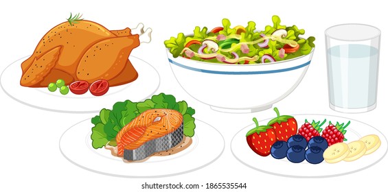 Set of healthy meal isolated on white background illustration