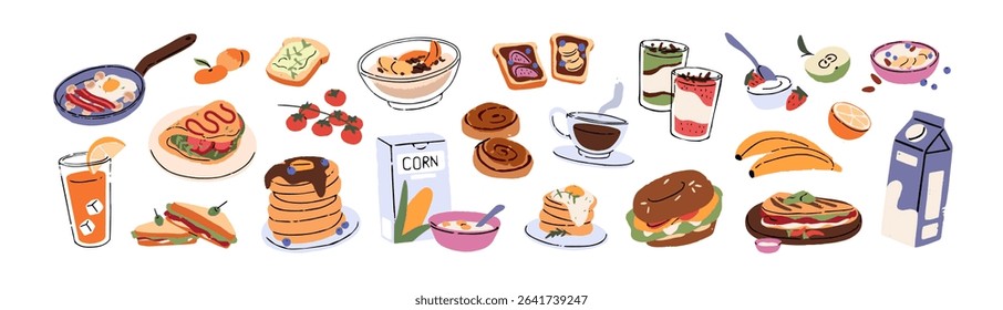 Set of healthy meals. Tasty dishes, food for breakfast- fried egg with bacon, pancakes, granola, omelette, fruit, cereal with milk, cup of coffee. Flat isolated vector illustration on white background