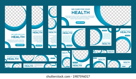 Set of Healthy Medical banners of standard size with a place for photos. Vertical, horizontal and square template. Vector illustration