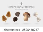 A Set of Healthy Mushroom Food 3D Vector Items: White Mushroom, Porcini, Truffle, Morchella