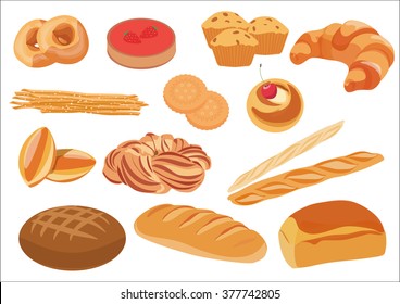 Set of healthy natural bread pastry products and bakery items isolated.