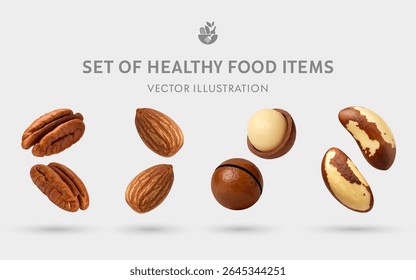 A Set of Healthy Nuts 3D Vector Items: Pecan, Almond, Macadamia Nut, Brazil Nut