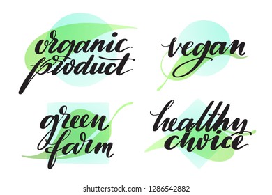 Set of healthy organic farming words. Hand drawn creative calligraphy and brush pen lettering. Food label or sticker set.