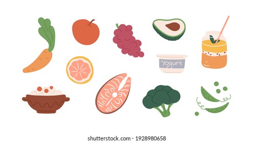 Set of healthy organic food with fruits, vegetables, porridge and drink. Colored icons of avocado, smoothie, broccoli, carrot, grapes and salmon. Flat vector illustration isolated on white background