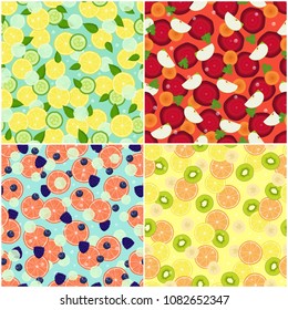 Set of healthy organic fruits and vegetables seamless pattern with cut grapefruits, blueberries and blackberries, beet and carrot detox diet ingredients
