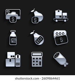 Set Healthy organic pear, Calculator, Salami sausage, New price tag dollar, Cash register machine, Bottle with milk, Hand truck and boxes and Credit card icon. Vector