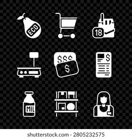 Set Healthy organic pear, Shopping cart, Cigarettes pack box, Bottle with milk, Warehouse interior boxes, Seller, Electronic scales and New price tag dollar icon. Vector