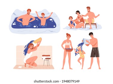 Set of healthy people during body hardening procedures. Adults and children pouring cold water over head, swimming in ice-hole and rubbing skin with snow. Isolated colored flat vector illustrations
