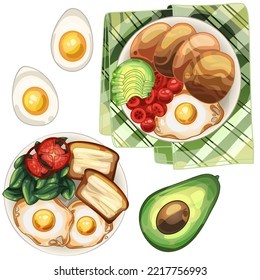 A set of healthy plates with eggs, toast with butter or pancakes, spinach, tomatoes and avocado.