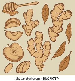 Set with healthy products: ginger, whole and sliced, honey, bay leaves, whole apple and slices.