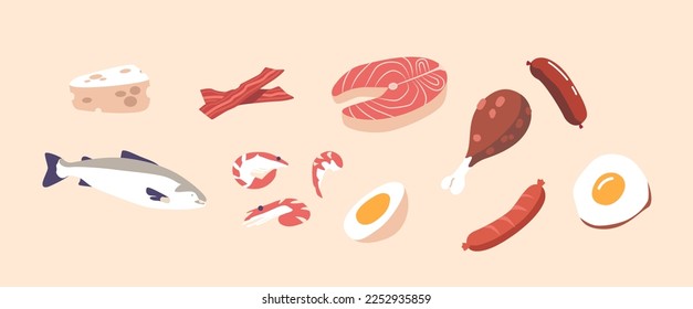 Set of Healthy Protein Food, Isolated Cheese, Bacon, Fish and Eggs. Chicken Leg, Shrimps, Salmon Steak and Sausage. Keto or Stone Age Diet Meals and Nutrition Elements. Cartoon Vector Illustration