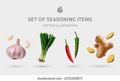 A Set of Healthy Seasoning Ingredients 3D Vector Items: Garlic, Scallions, Chili, Ginger