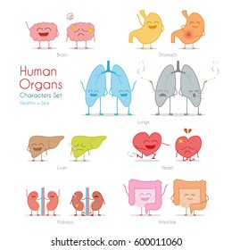 Conjunto de órganos humanos sanos y enfermos al estilo de las caricaturas.