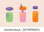 Set Healthy Smoothies and Juices. Vector Illustration of Fresh Detox Drinks for Wellness and Nutrition. Flat vector illustration. Healthy eating preparation concept