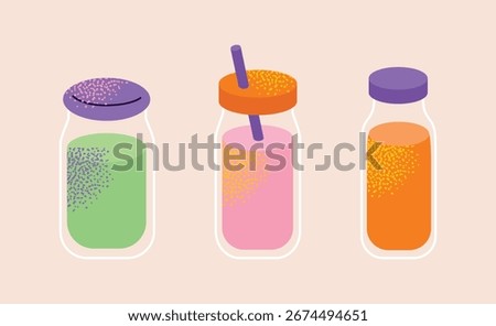 Set Healthy Smoothies and Juices. Vector Illustration of Fresh Detox Drinks for Wellness and Nutrition. Flat vector illustration. Healthy eating preparation concept