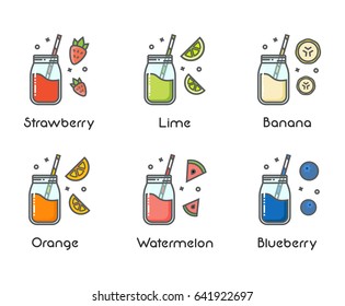 Set of healthy smoothies in the mason jars with fruit slices and berries. Colorful bright outline flat icons.