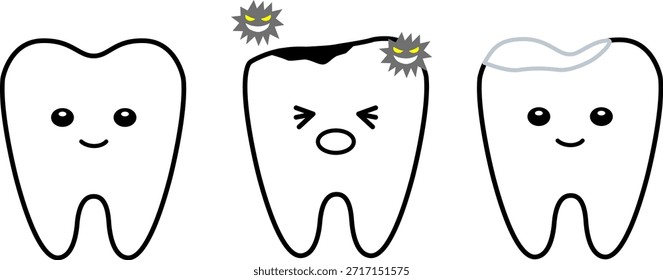 A set of healthy teeth, decayed teeth, and teeth treated with white fillings