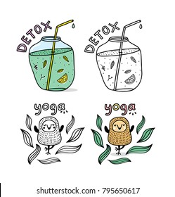 Set of healthy things. Detox drink in the jar and yoga owl in pose of tree.