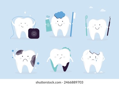 Set of healthy tooth and bad caries teeth. Cartoon teeth care and hygiene concept. Happy teeth with floss, toothbrush and toothpaste. Treatment and hygiene. Oral care. flat vector illustration