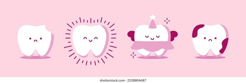 Conjunto de dientes sanos y dientes de caries mala. Concepto de cuidado e higiene de dientes de dibujos animados. Tratamiento e higiene. Cuidado bucal. Diente sano y limpio brilla, diente enfermo con caries. Ilustración vectorial plana