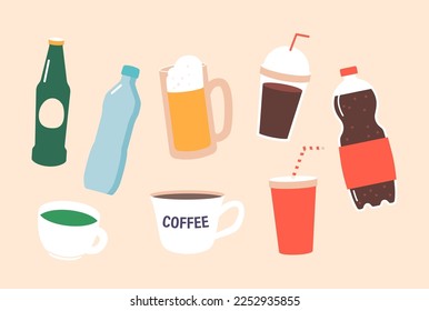 Set of Healthy and Unhealthy Drinks, Isolated Beer, Cola and Fresh Water Bottles, Cup with Green or Black Tea, Coffee in Carton Mug, Tankard Isolated Icons for Cafe Menu. Cartoon Vector Illustration