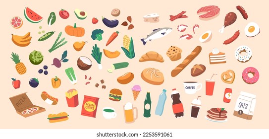 Set of Healthy and Unhealthy Products. Fast Food Burger, Cola and French Fries, Pizza or Alcohol. Vegetable and Fruits Avocado, Watermelon, Grapefruit and Greenery. Cartoon Vector Illustration