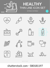 Set of Healthy Vector Line Icons. Includes fitness exercise, jogging, dumbbell and more. 50 x 50 Pixel.
