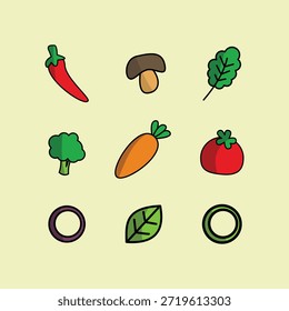 Set gesunder Gemüsesymbole wie Chilischoten, Pilze, Blätter, Brokkoli, Karotten und Tomaten in einem einheitlichen flachen Cartoon-Stil