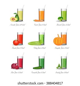 Set of healthy vegetable juices on white isolated background. Fresh vegetables next to glasses illustration