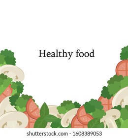 Set of healthy vegetables broccoli, tomato, mushrooms. Frames for the menu