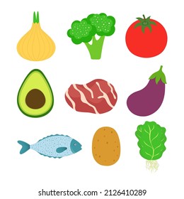 set of healthy vegetables, meat and fish, healthy nutrition food flat style design, vector illustration of avocado, fish, beef, tomato, potato, broccoli, eggplant, salad and onion isolatedo on white