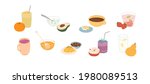 Set of healthy vegetarian drinks, food, sauces and fruit desserts. Glass of orange punch, strawberry lemonade, honey bowl, smoothie jar. Colored flat vector illustration isolated on white background