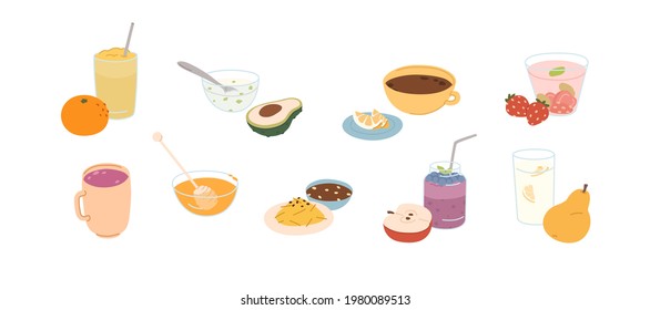 Set of healthy vegetarian drinks, food, sauces and fruit desserts. Glass of orange punch, strawberry lemonade, honey bowl, smoothie jar. Colored flat vector illustration isolated on white background