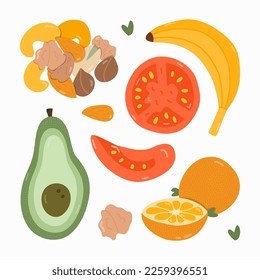 Set of healthy, vegetarian food for breakfast. Different variations of fruits and vegetables. Avocado, slice of tomato, banana, orange, different nuts, almond, cashew, walnut, hazelnut, pistachio.