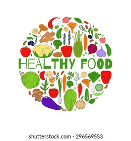 Set of healthy vegetarian food. Vegetables and herbs. Hand drawn vector background.