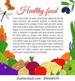 Set of healthy vegetarian food. Vegetables and herbs. Hand drawn vector background. Frame.