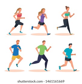 set of healthy women and men running training
