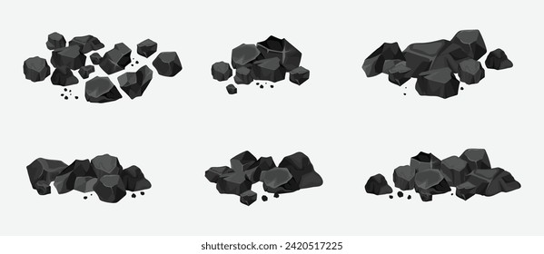 Set of heap of thermal coal isolated cartoon icon. Vector cartoon scattered coal energy. Mining.