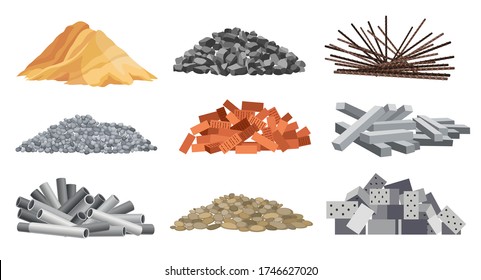 Set of heaps building material. Bricks, sand, gravel and etc. Construction concept. Vector illustrations can be used for construction sites, works and industry gravel