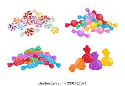 Set of heaps of candies in colorful wrappers. Vector illustration of bright sweets.