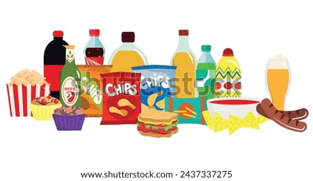 Set heaps of delicious food. Vector illustration of food and drinks: cola, fanta, sprite, popcorn, chips, cupcakes, sandwich, sausages, beer, nachos, ketchup, sauces isolated on a white background.