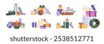 Set of heaps of festive gift boxes. Piles of presents with different shapes and sizes for holidays. Christmas surprises, Xmas giftboxes, Birthday packages. Flat isolated vector illustrations on white