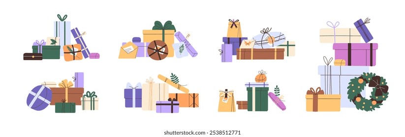 Set of heaps of festive gift boxes. Piles of presents with different shapes and sizes for holidays. Christmas surprises, Xmas giftboxes, Birthday packages. Flat isolated vector illustrations on white